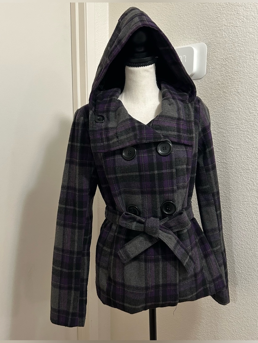 Y2K Dark Academia Goth Purple Plaid Hooded Pea Coat Wool Jacket Small Grunge
